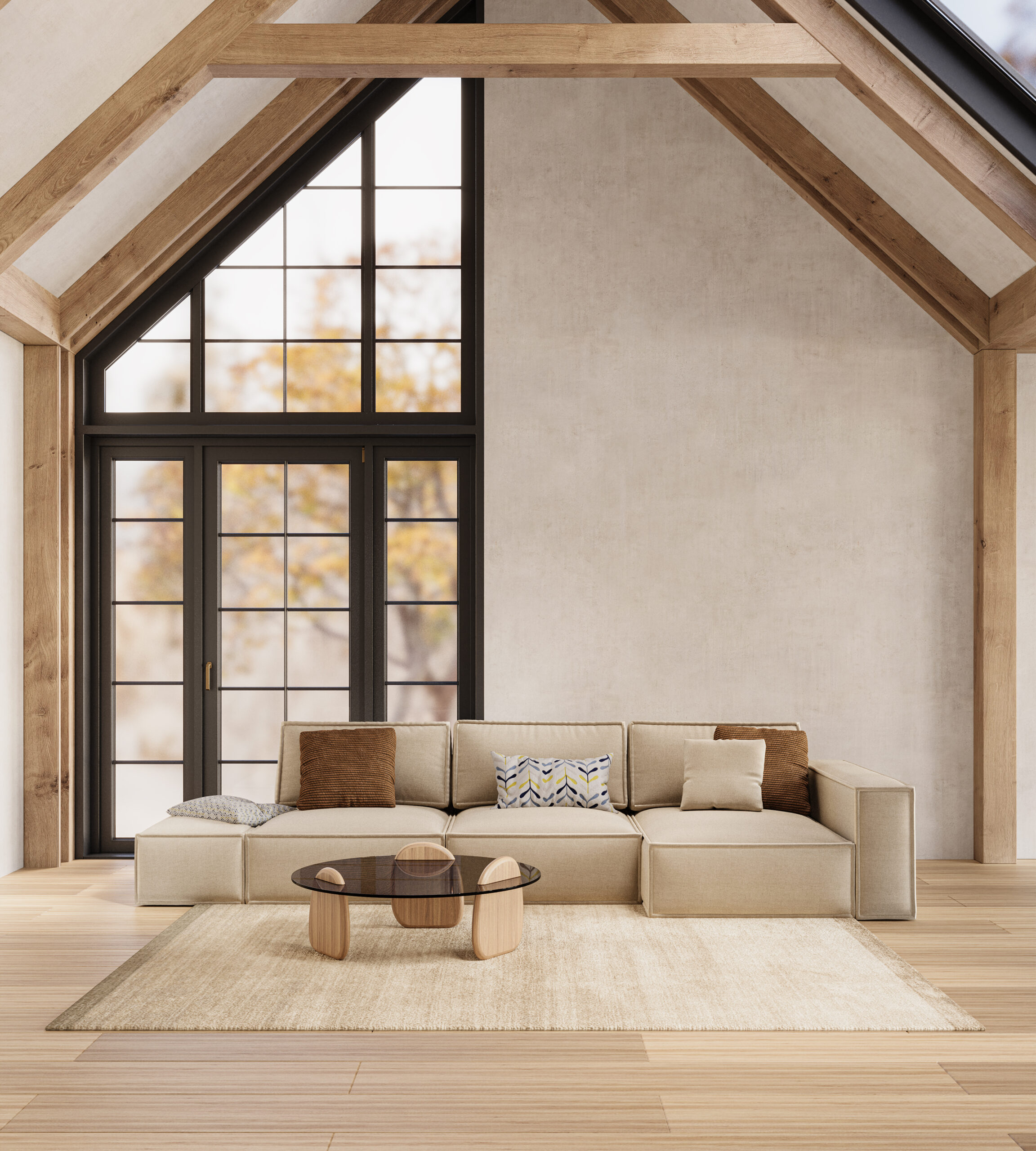 Warm rustic living room with high ceilings, soft lighting, and comfy furniture, 3d rendering